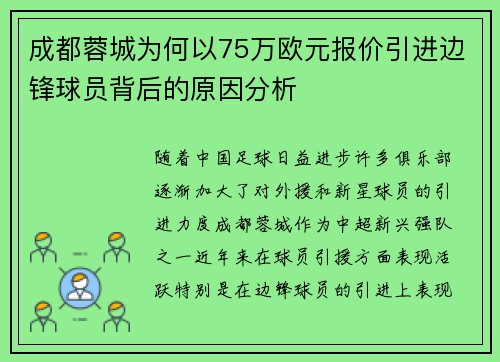 成都蓉城为何以75万欧元报价引进边锋球员背后的原因分析