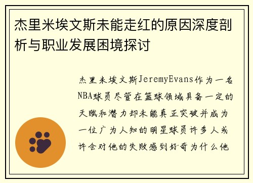 杰里米埃文斯未能走红的原因深度剖析与职业发展困境探讨